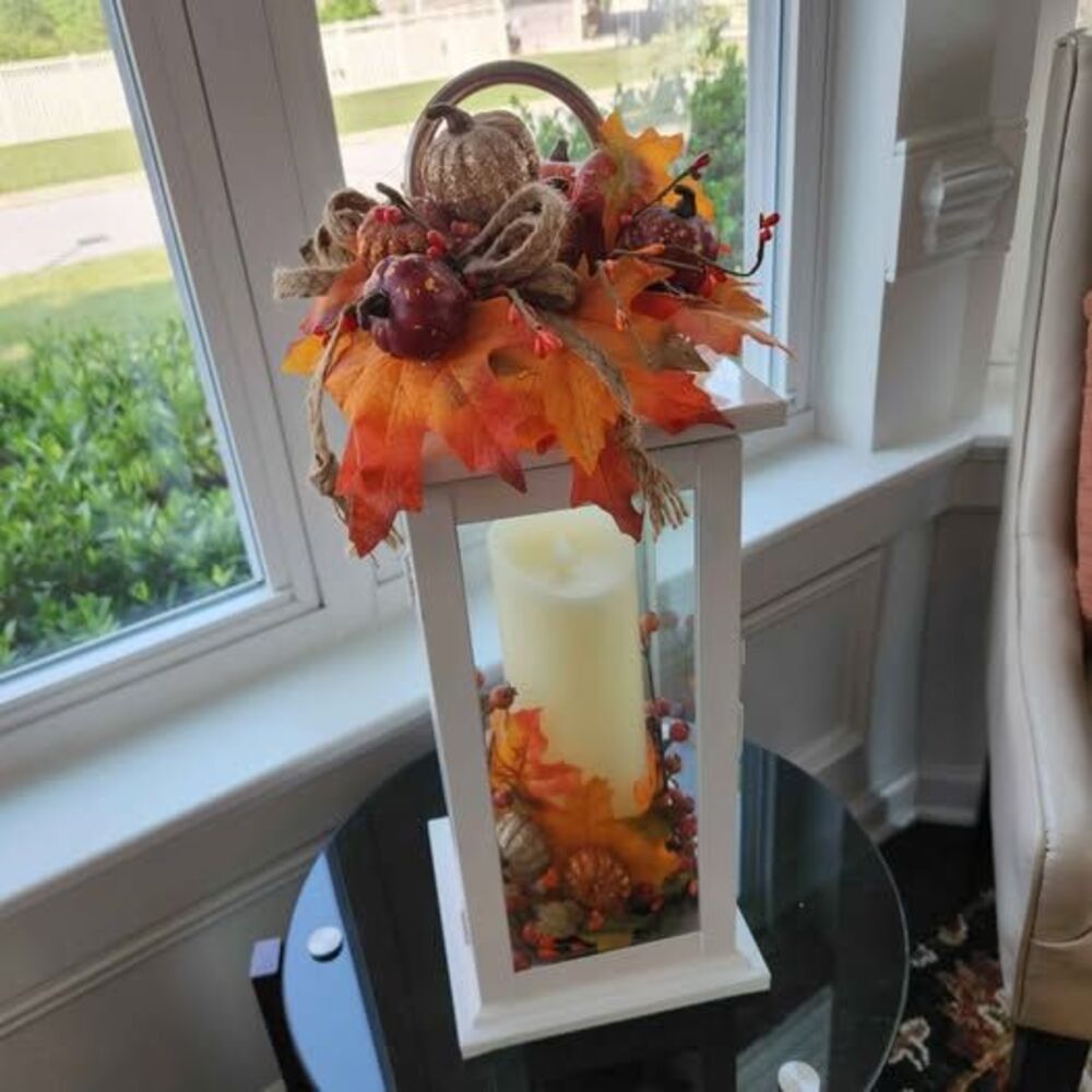 White Decorative Fall Lantern with LED Candle